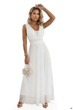 637-8 Long Maxi Dress with Glitter Accent and Deep Neckline - Ecru-9