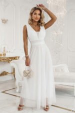 637-8 Long Maxi Dress with Glitter Accent and Deep Neckline - Ecru-1