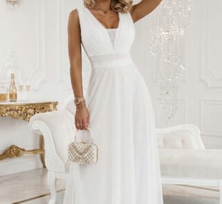 637-8 Long Maxi Dress with Glitter Accent and Deep Neckline - Ecru-1