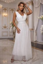 637-8 Long Maxi Dress with Glitter Accent and Deep Neckline - Ecru-7