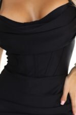 638-1 Long corset satin dress with leg slit - black-6