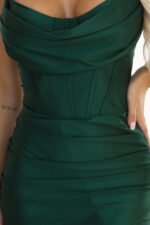 638-2 Long corset satin dress with leg slit - bottle green-7