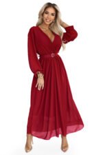 639-1 Elegant pleated maxi dress with a belt and a wrap neckline - burgundy-8