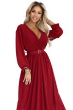 639-1 Elegant pleated maxi dress with a belt and a wrap neckline - burgundy-9