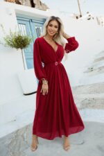639-1 Elegant pleated maxi dress with a belt and a wrap neckline - burgundy-4