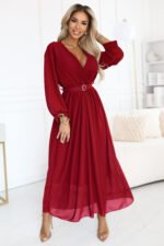 639-1 Elegant pleated maxi dress with a belt and a wrap neckline - burgundy-1