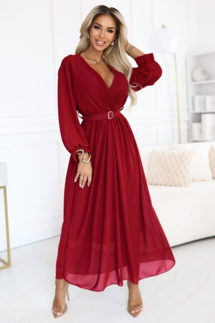 639-1 Elegant pleated maxi dress with a belt and a wrap neckline - burgundy-1