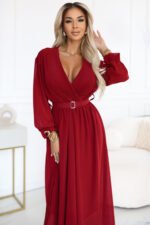 639-1 Elegant pleated maxi dress with a belt and a wrap neckline - burgundy-2
