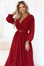 639-1 Elegant pleated maxi dress with a belt and a wrap neckline - burgundy-5