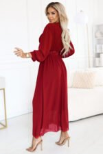 639-1 Elegant pleated maxi dress with a belt and a wrap neckline - burgundy-3