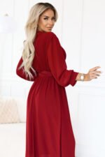 639-1 Elegant pleated maxi dress with a belt and a wrap neckline - burgundy-6
