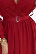 639-1 Elegant pleated maxi dress with a belt and a wrap neckline - burgundy-7