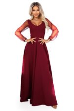640-1 LORETTA unique long dress with tulle sleeves and neckline - burgundy-8