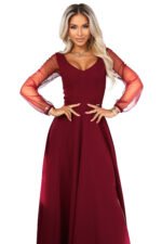 640-1 LORETTA unique long dress with tulle sleeves and neckline - burgundy-7