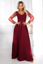 640-1 LORETTA unique long dress with tulle sleeves and neckline - burgundy-1