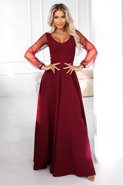 640-1 LORETTA unique long dress with tulle sleeves and neckline - burgundy-1