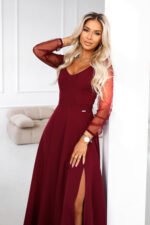 640-1 LORETTA unique long dress with tulle sleeves and neckline - burgundy-3