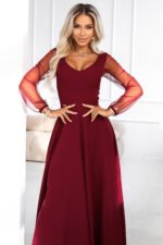 640-1 LORETTA unique long dress with tulle sleeves and neckline - burgundy-5