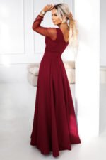 640-1 LORETTA unique long dress with tulle sleeves and neckline - burgundy-2