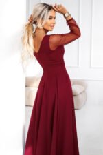 640-1 LORETTA unique long dress with tulle sleeves and neckline - burgundy-4
