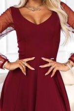 640-1 LORETTA unique long dress with tulle sleeves and neckline - burgundy-6