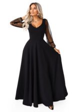640-2 LORETTA unique long dress with tulle sleeves and neckline - black-7