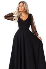 640-2 LORETTA unique long dress with tulle sleeves and neckline - black-8