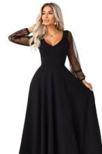 640-2 LORETTA unique long dress with tulle sleeves and neckline - black-8
