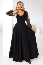640-2 LORETTA unique long dress with tulle sleeves and neckline - black-1