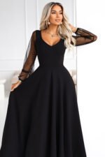 640-2 LORETTA unique long dress with tulle sleeves and neckline - black-5