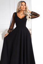 640-2 LORETTA unique long dress with tulle sleeves and neckline - black-5