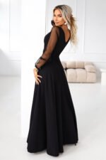 640-2 LORETTA unique long dress with tulle sleeves and neckline - black-2