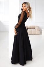 640-2 LORETTA unique long dress with tulle sleeves and neckline - black-2