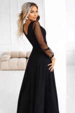 640-2 LORETTA unique long dress with tulle sleeves and neckline - black-4