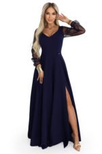 640-3 LORETTA unique long dress with tulle sleeves and neckline - navy blue-9