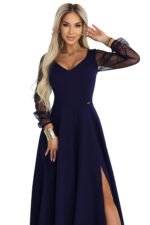 640-3 LORETTA unique long dress with tulle sleeves and neckline - navy blue-11