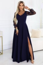 640-3 LORETTA unique long dress with tulle sleeves and neckline - navy blue-1