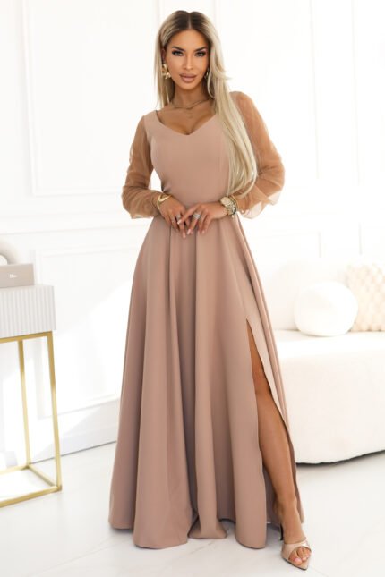 640-4 LORETTA Unique Long Dress with Tulle Sleeves and Neckline - Beige-1