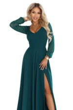 640-6 LORETTA Exceptional long dress with tulle sleeves and neckline - green-12