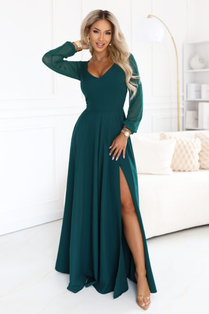 640-6 LORETTA Exceptional long dress with tulle sleeves and neckline - green-1