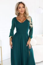 640-6 LORETTA Exceptional long dress with tulle sleeves and neckline - green-2