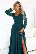 640-6 LORETTA Exceptional long dress with tulle sleeves and neckline - green-6