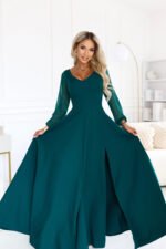 640-6 LORETTA Exceptional long dress with tulle sleeves and neckline - green-5