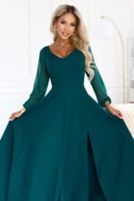 640-6 LORETTA Exceptional long dress with tulle sleeves and neckline - green-8