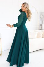 640-6 LORETTA Exceptional long dress with tulle sleeves and neckline - green-3