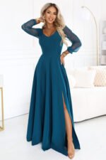 640-7 LORETTA Exceptional long dress with tulle sleeves and neckline - sea green-1