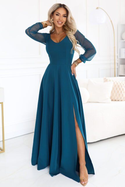 640-7 LORETTA Exceptional long dress with tulle sleeves and neckline - sea green-1
