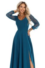 640-7 LORETTA Exceptional long dress with tulle sleeves and neckline - sea green-10