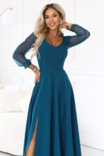 640-7 LORETTA Exceptional long dress with tulle sleeves and neckline - sea green-5