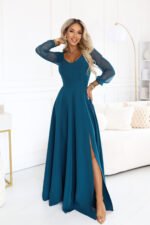 640-7 LORETTA Exceptional long dress with tulle sleeves and neckline - sea green-9